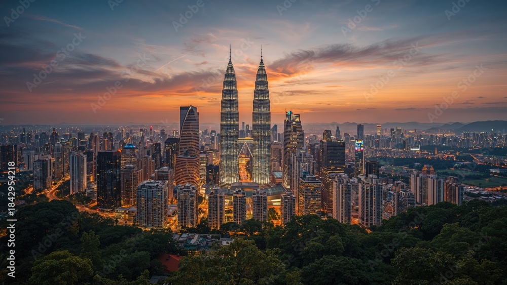 Obraz premium City skyline of Kuala Lumpur featuring the Petronas Towers at sunset, with a vibrant sky and city lights, showcasing urban development and beauty.