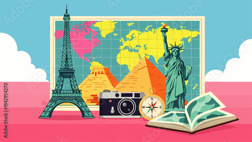 Explore the world's iconic landmarks and travel destinations with this vibrant illustration.