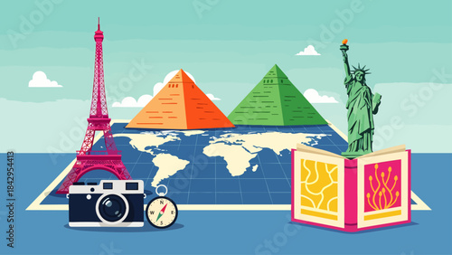 This vibrant illustration combines iconic global landmarks with travel essentials on a world map, symbolizing adventure, cultural discovery, and the joy of learning.