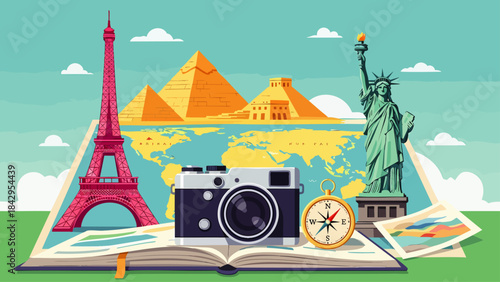 Iconic global landmarks and travel essentials depicted on an open book, symbolizing world exploration and adventure.