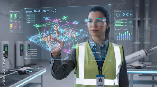 Woman Engineer Orchestrating Autonomous Drone Fleet in Warehouse