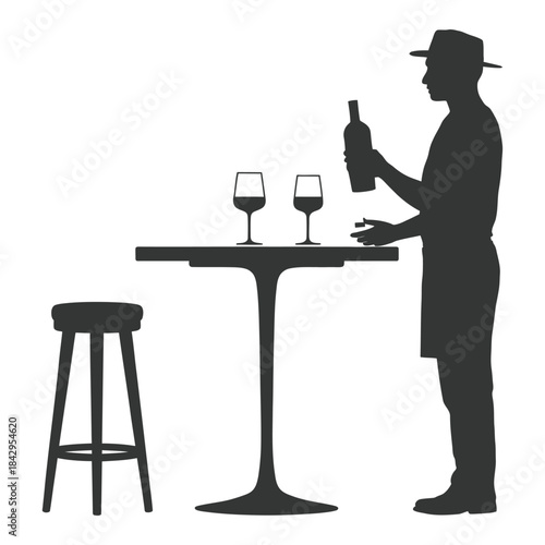 Silhouette of sommelier pouring wine into glasses at high top table with stool professional waiter serving drink elegant setting for drink service