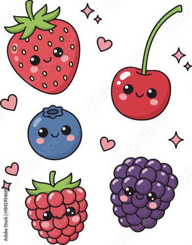 Kawaii Cute Berry Fruit Characters Collection with Hearts and Stars