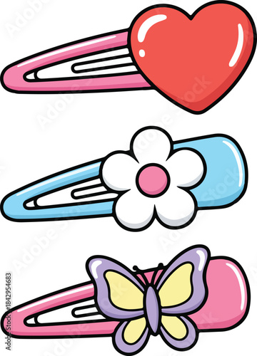 Set of Three Colorful Snap Hair Clips: Heart, Flower, and Butterfly Design