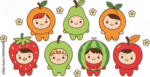 Cute Kids in Fruit Costumes Illustration Set (Kawaii Style)