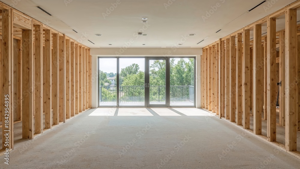 Obraz premium Unfinished room with wooden framing, large glass sliding door at the back opening to a balcony, and views of trees and sky outside.