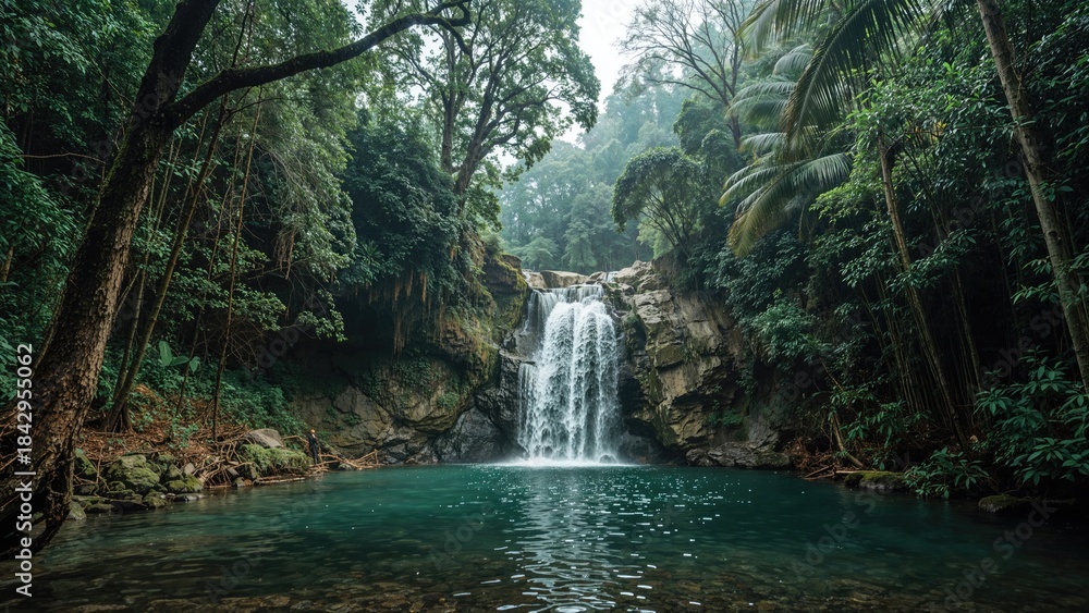Fototapeta premium A secluded waterfall in a lush rainforest with trees and greenery surrounding the water.