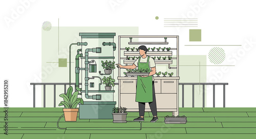 Modern indoor gardening: Illustrated worker tending plants in vertical hydroponic system