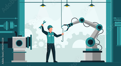 Modern industrial factory scene featuring robotic arm and factory worker in a manufacturing setting