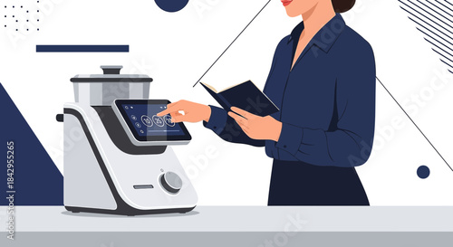 Modern kitchen appliance controlled by a woman with a book, showing culinary technology and