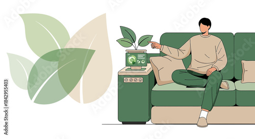 Modern living with nature, illustration of a relaxed individual surrounded by a botanical