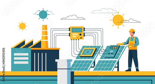 Modern sustainable energy landscape showcasing a solar plant and a factory operation