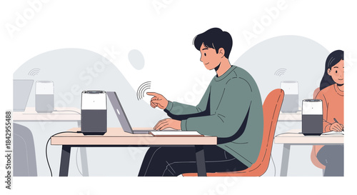 Modern workspace with smart speaker integration for enhanced productivity and automation at home