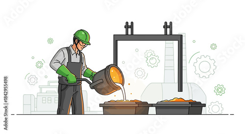 Molten metal casting process illustration depicting safety and industrial production techniques