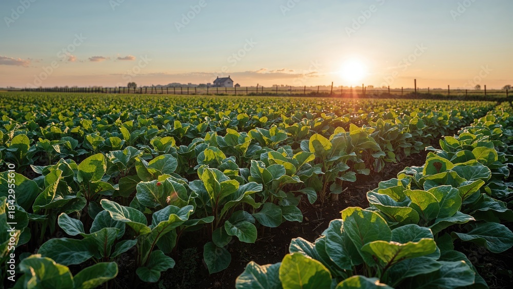 Fototapeta premium A lush green farm field with leafy crops at sunset, showcasing agriculture and nature, with a distant house and a clear sky.