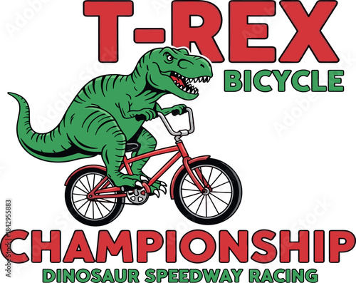 Dynamic illustration of a mighty green dinosaur riding a bicycle, showcasing the thrill of a championship race, ideal for kids' events or playful sports branding designs