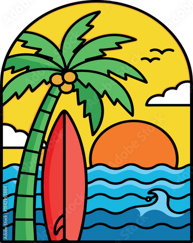 Palm tree and surfboard against a vibrant sunset over ocean waves