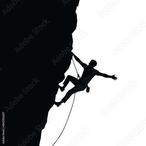 A rock climber in silhouette scales a steep cliff face with focus and determination