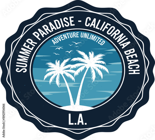 Vintage Beach Emblem Featuring Palm Trees and Sunset Hues, Evoking a Sense of Summer Paradise and Coastal Adventure