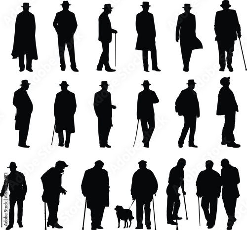 Silhouettes of Elderly Men with Canes in Various Poses