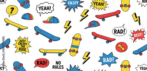 Vibrant hand-drawn seamless pattern showcasing colorful skateboards, stylish baseball caps, and dynamic speech bubbles with energetic words, ideal for youth culture and fun designs