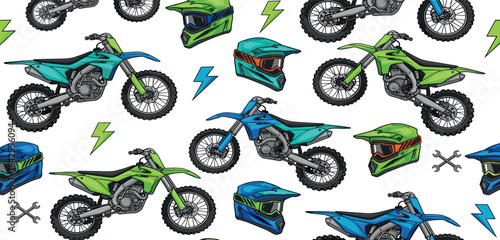 Dynamic seamless pattern featuring vibrant motocross bikes, protective helmets, and energetic lightning bolts, ideal for action-themed designs and extreme sports enthusiasts