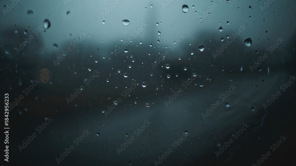 Obraz premium Rainy window with water droplets, gloomy weather, and blurred background. Weather and rain scene. The atmosphere of a rainy day through a glass surface.