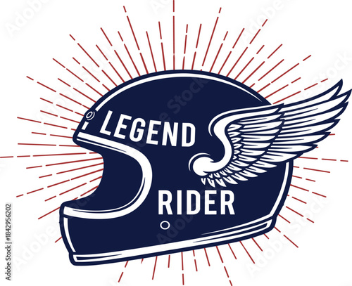 Dynamic vintage motorcycle helmet illustration with powerful wings and a radiant sunburst, symbolizing adventure, freedom, and the spirit of the open road