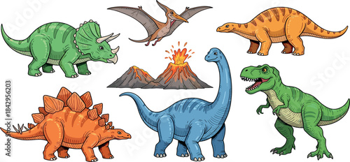 A lively collection of various prehistoric dinosaurs and erupting volcanoes in a cartoon style, perfect for children's educational content or imaginative play, capturing ancient Earth