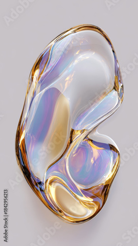 Ultra-realistic 3D rendering of an organic golden liquid shape with smooth surface, oil-like iridescent reflections, and soft color gradients floating in white space.