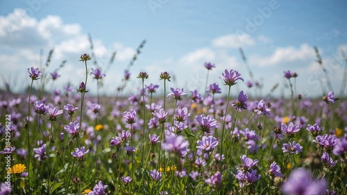 Fototapeta Naklejka Na Ścianę i Meble -  A field of purple and yellow wildflowers under a blue sky with clouds.