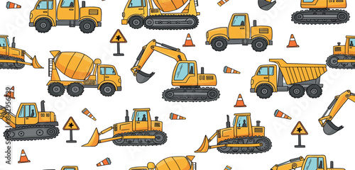 Vibrant seamless pattern of diverse cartoon construction vehicles excavators, dump trucks, cement mixers. White background with traffic signs, good for children's themes