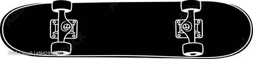 A stylized black and white silhouette of a skateboard viewed from above, showcasing its deck, trucks, and wheels