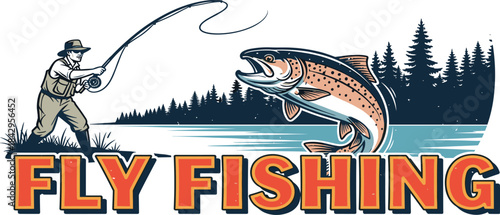 Dynamic illustration capturing the thrilling moment of an angler fly fishing for a majestic trout in a serene natural river landscape, surrounded by a tranquil forest