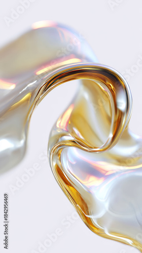 A hyper-detailed 3D render of a smooth, organic liquid form blending translucent gold with soft gradients, featuring high gloss and iridescent oil-like reflections.