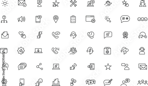 Customer service icon set. Containing customer satisfied, assistance, experience, feedback, operator and technical support icons. Thin outline icons pack.