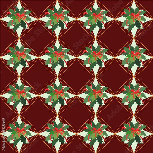 Elegant seamless Christmas pattern with holly leaves, red berries and gold geometric shapes on a dark red background. Perfect for December textiles, wrapping paper, covers and holiday decor.