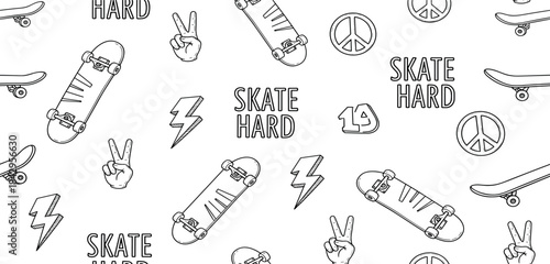 Energetic monochrome pattern capturing the rebellious spirit of skateboarding culture with dynamic skateboards, peace symbols, and lightning bolts, ideal for youthful and expressive design concepts