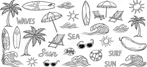 Hand-drawn Outline Summer Beach Vacation Doodles. A Collection of Tropical Elements Palm Trees, Ocean Waves, Surfboards, Sun, and Leisure Items
