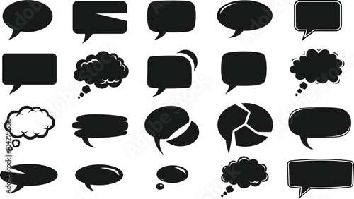 Collection of black speech bubbles with hearts silhouette