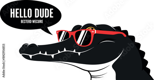 A confident and charismatic alligator character illustration, donning vibrant red sunglasses and exuding a laid-back yet stylish attitude, ideal for modern graphic design and branding