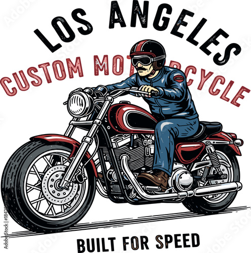 Dynamic vintage illustration showcasing a determined rider on a classic powerful motorcycle, symbolizing freedom, adventure, and the exhilarating pursuit of speed on the open road
