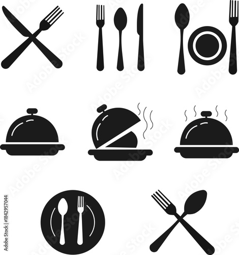 Catering icon set. Containing fork, spoon, knife, plate, cloche, tray, chef hat, beverage, food, dining table, and waiter. Cutlery or tableware in restaurant, kitchen