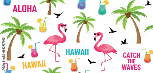 Vibrant tropical pattern with pink flamingos, swaying palm trees, refreshing cocktails, and flying birds, creating a cheerful Hawaiian summer holiday background design