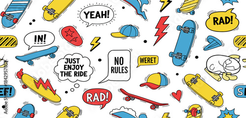 Energetic Hand-Drawn Seamless Skateboard Pattern with Urban Doodles and Playful Exclamations, Capturing a Vibrant Youth Culture Vibe