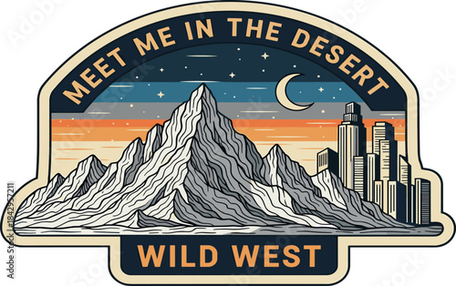 Retro desert night adventure illustration featuring majestic mountains, a glowing crescent moon, and a distant city silhouette under starry sky