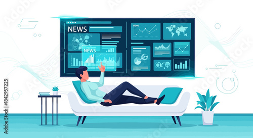 Immersive news experience: Man interacts with data visualizations on a large screen