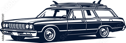 Vintage station wagon with surfboards on the roof, perfect for a coastal getaway or a retro surf trip illustration
