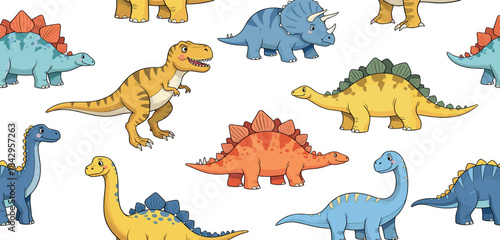 Seamless pattern of various cartoon dinosaurs on a white background, perfect for children's decor and educational materials