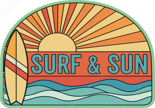 Retro Surf and Sun Patch Illustration - Vintage Beach Vacation Graphic with Surfboard and Waves - Summer Adventure Emblem